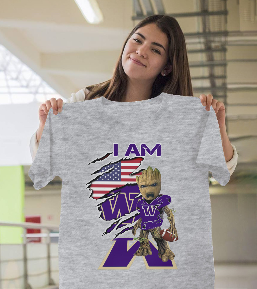 I AM Huskies Baby Groot Football USA Flag T-Shirt
