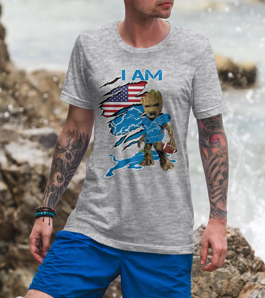 I Am Lions Baby Groot Football American Flag T-Shirt