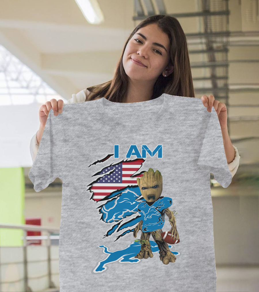 I Am Lions Baby Groot Football American Flag T-Shirt