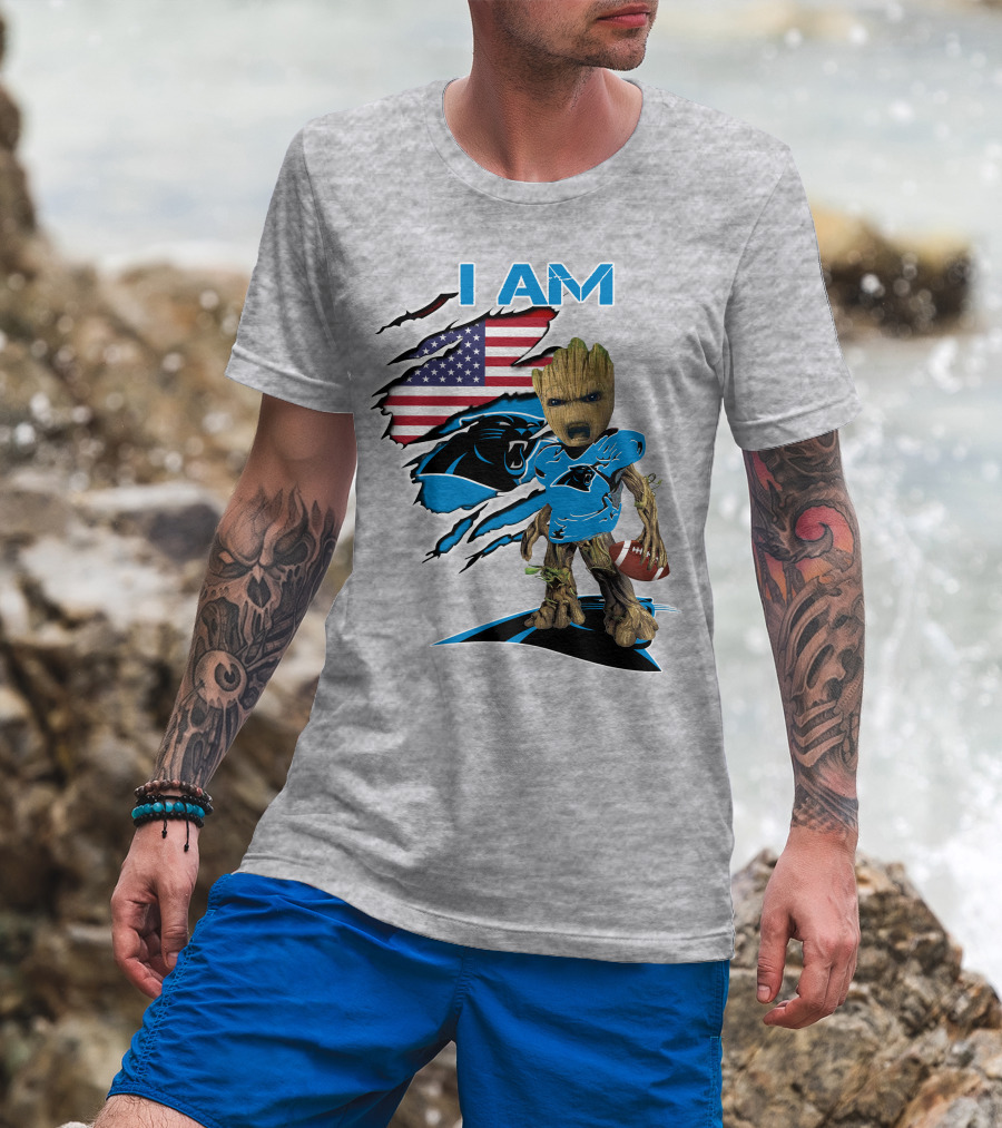 I Am Panthers Baby Groot Football Usa Flag T-Shirt