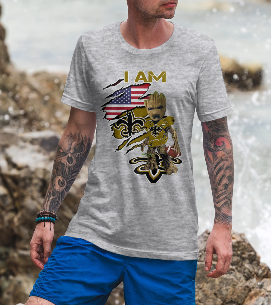 I Am Baby Groot Saints Fleur-De-Lis American Flag Football T-Shirt