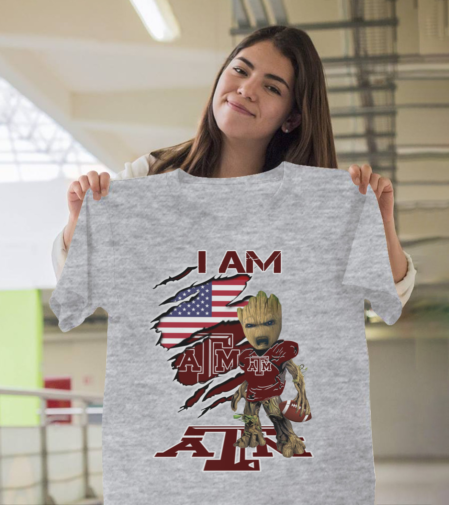 I Am Texas A&M Baby Groot American Flag Football T-Shirt