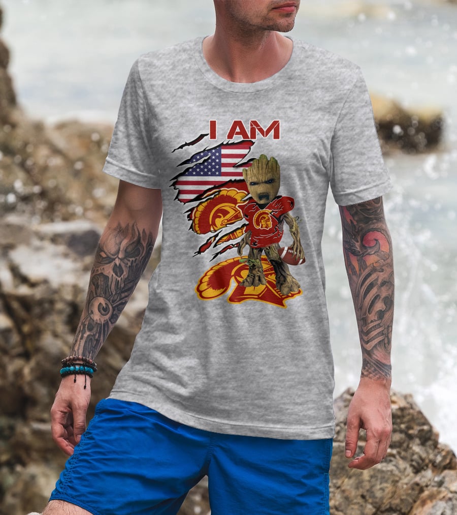 I AM Trojans Baby Groot Football American Flag T-Shirt