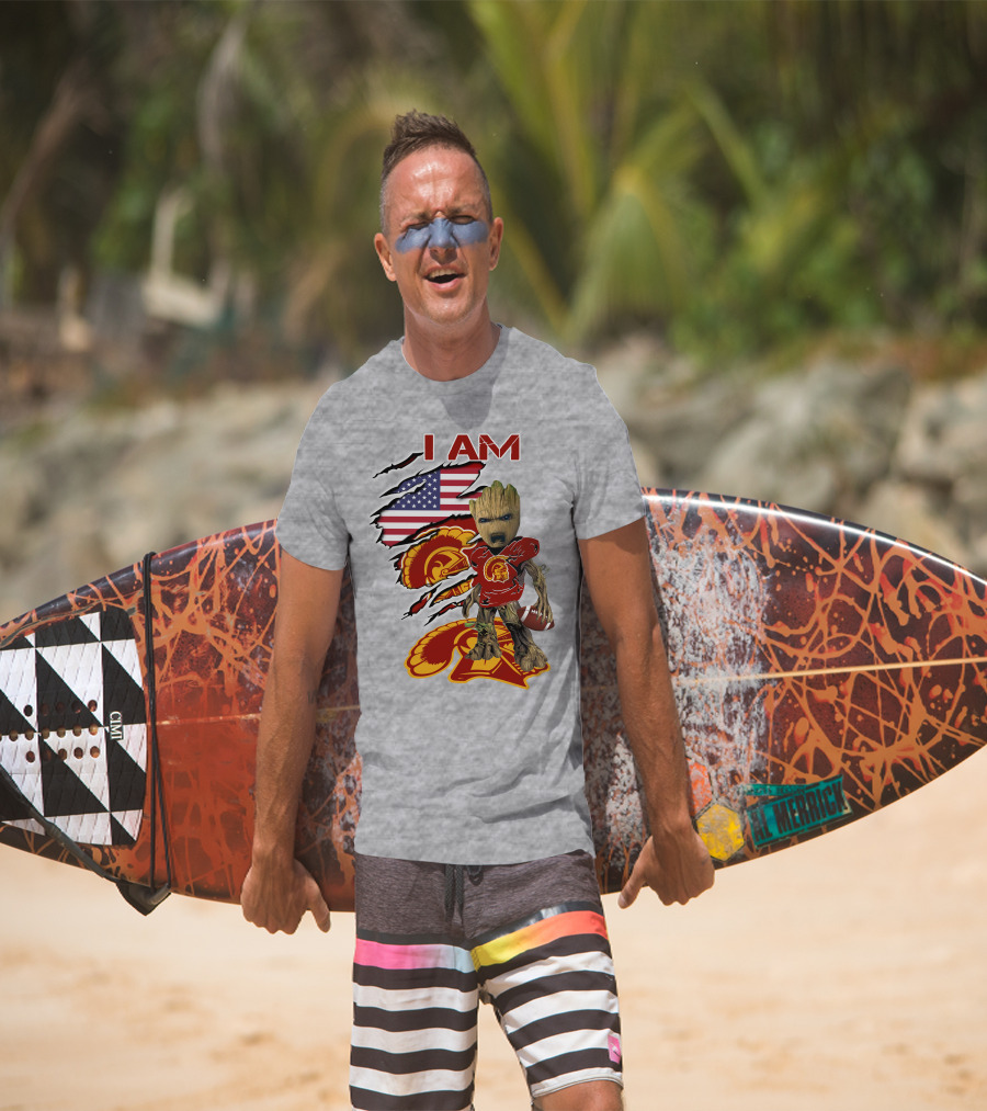 I AM Trojans Baby Groot Football American Flag T-Shirt