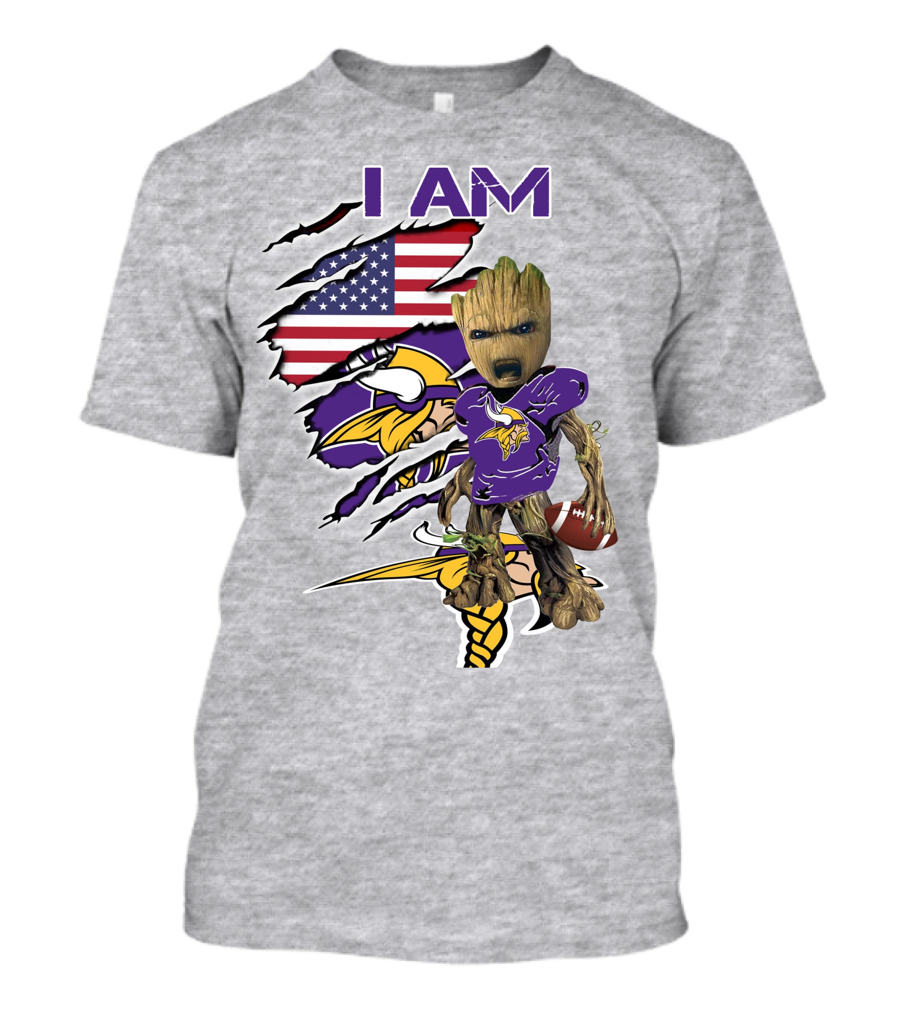 I Am Vikings Baby Groot American Flag Football T-Shirt