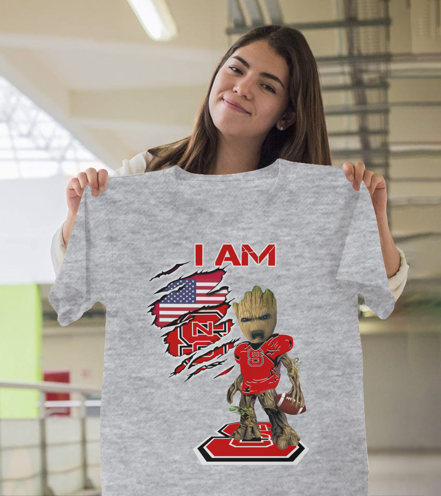 I Am NC State Baby Groot Football USA Flag T-Shirt