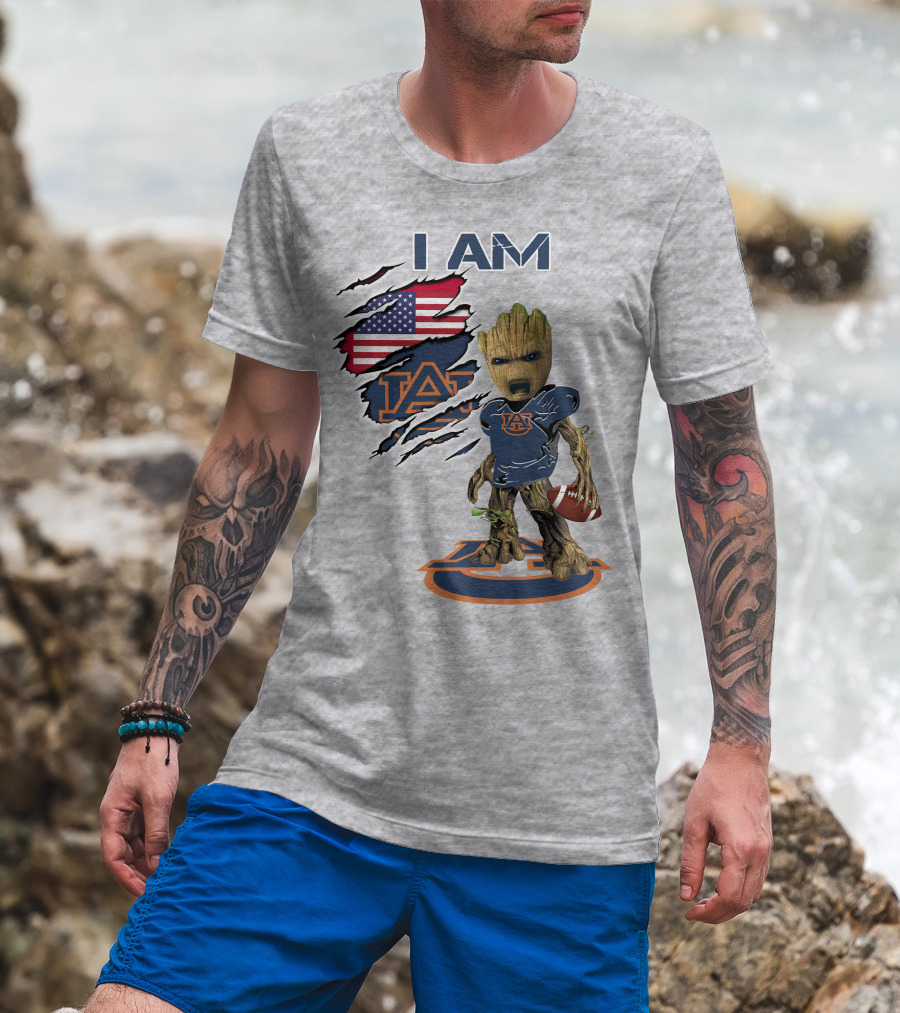I Am Auburn Baby Groot Football Usa Flag T-Shirt