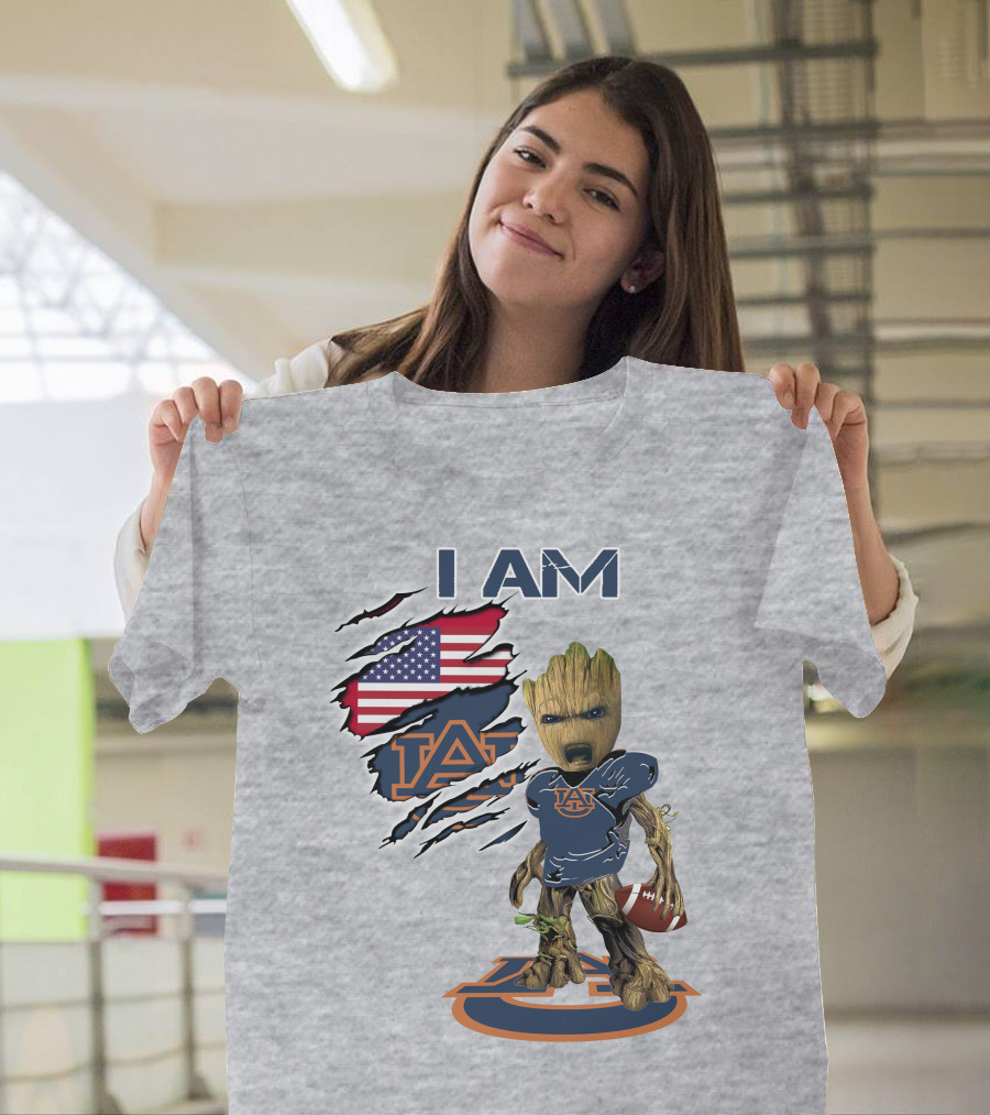 I Am Auburn Baby Groot Football Usa Flag T-Shirt