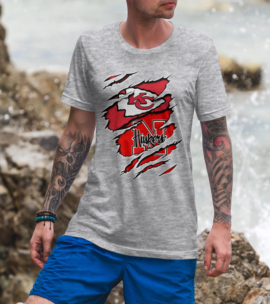 Chiefs Huskers Kansas City Nebraska Iconic Red White Torn T-Shirt