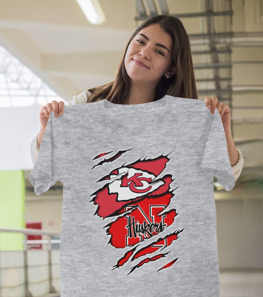 Chiefs Huskers Kansas City Nebraska Iconic Red White Torn T-Shirt