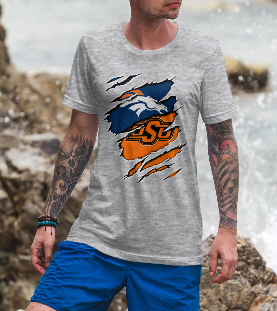 Broncos OSU Torn Ripped Graphics T-Shirt