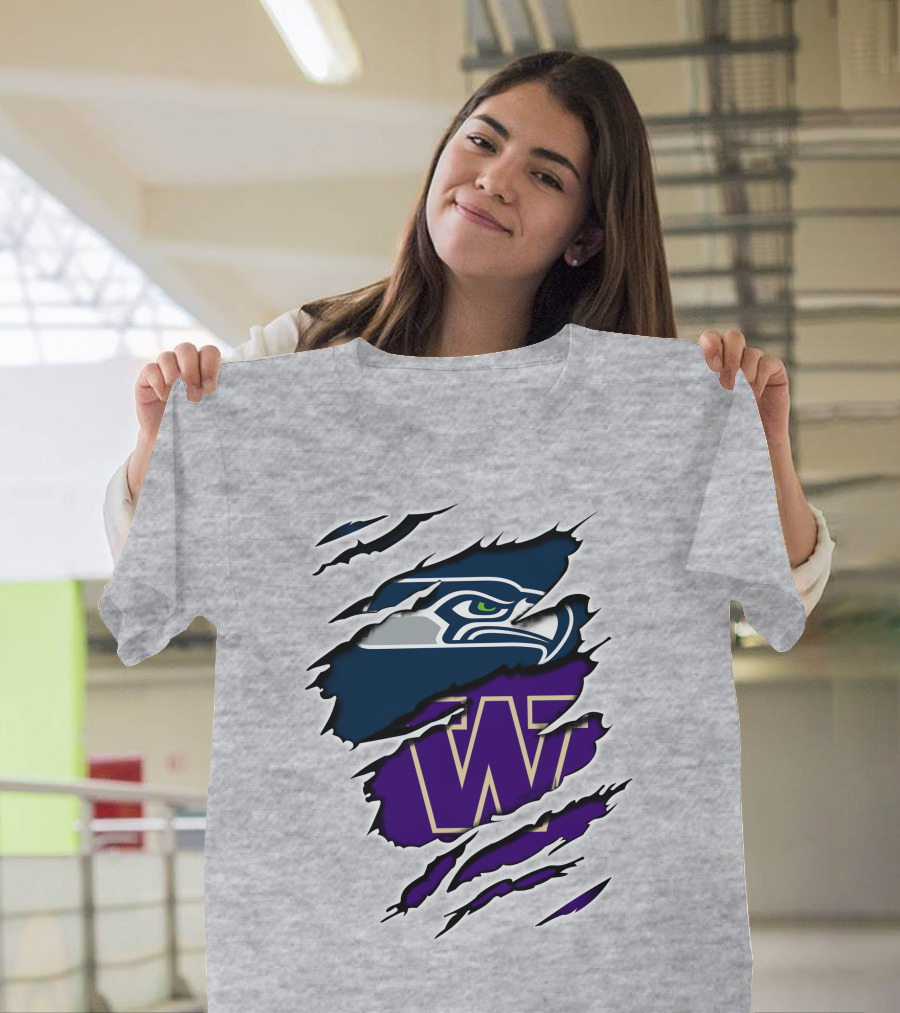 Seahawks Huskies Logo Fusion Nfl College Football Fan Gear T-Shirt