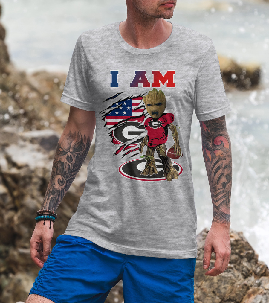I Am Groot Holding Football Georgia Bulldogs Usa Flag T-Shirt