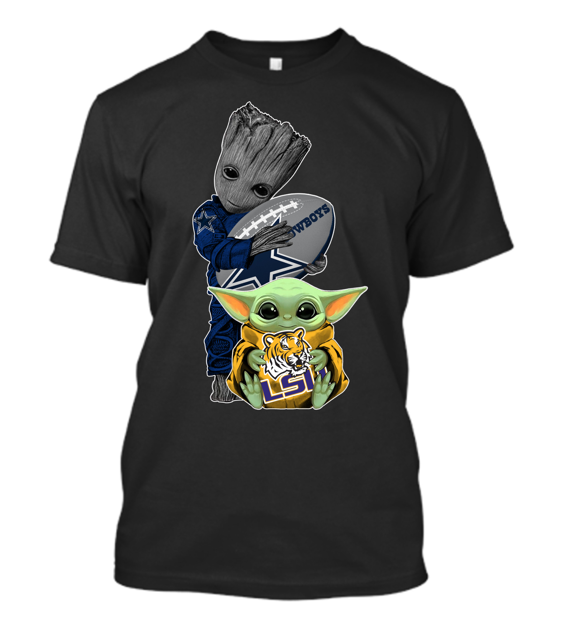 Cowboys Football Groot And Lsu Yoda With Football And Tiger T-Shirt