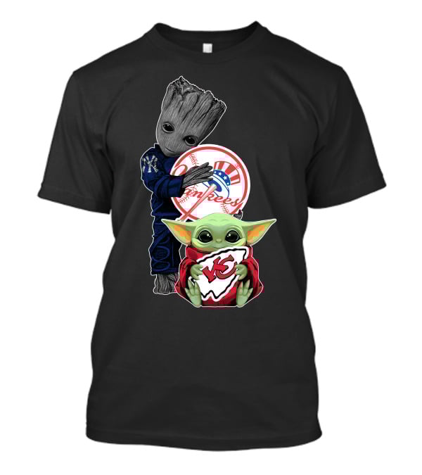 Yankees Groot Holding Chiefs Baby Yoda Shield T-Shirt