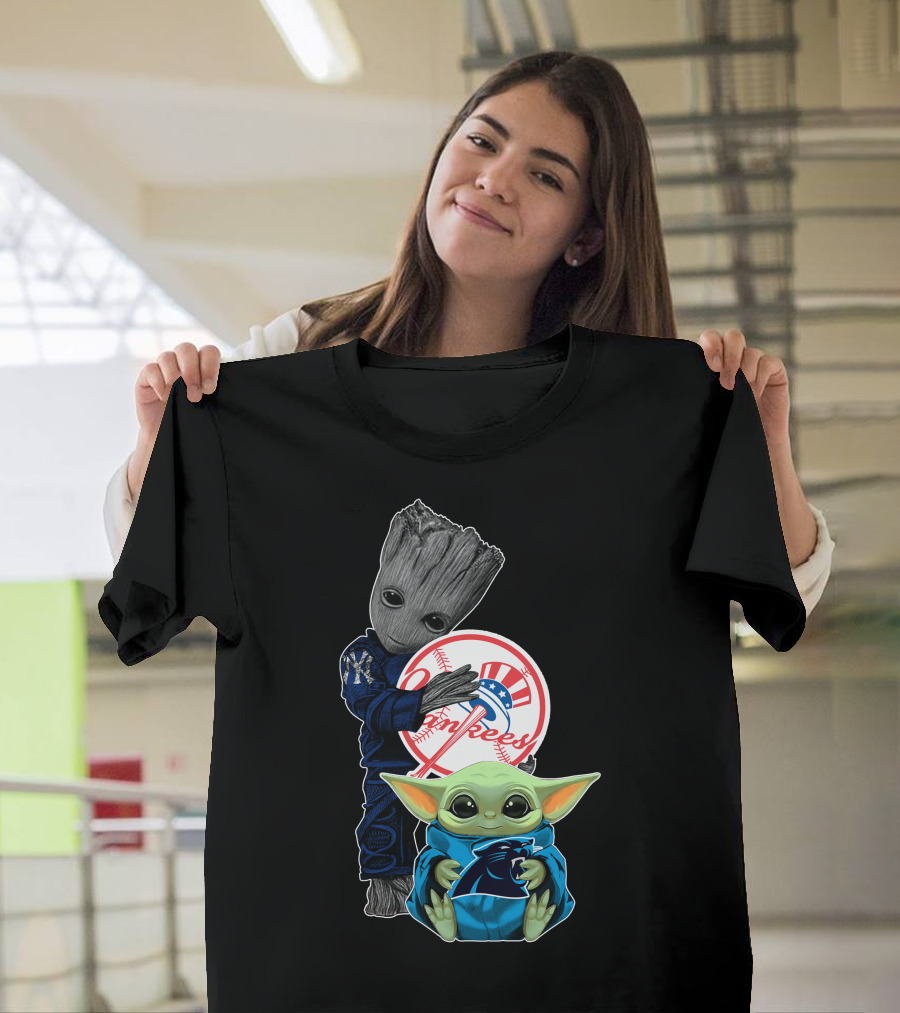 New York Yankees Groot And Panthers Baby Yoda T-Shirt