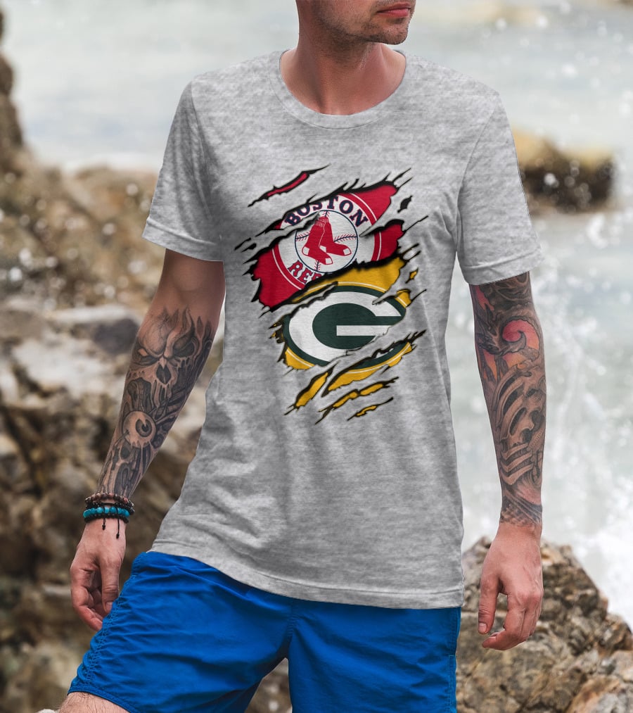 Boston Red Sox And Green Bay Packers Logo Torn T-Shirt