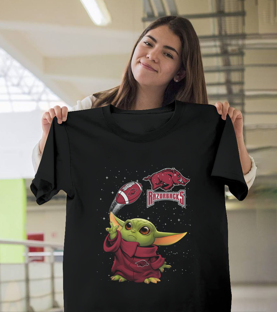 Baby Yoda Arkansas Razorbacks Football Force Thrower with Razorback T-Shirt