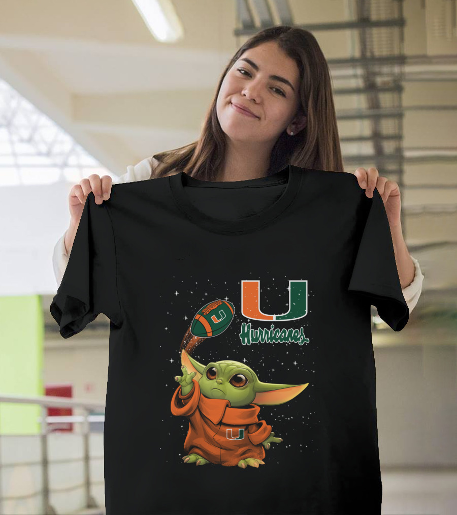 Baby Yoda Miami Hurricanes U Logo Football Starry Background T-Shirt