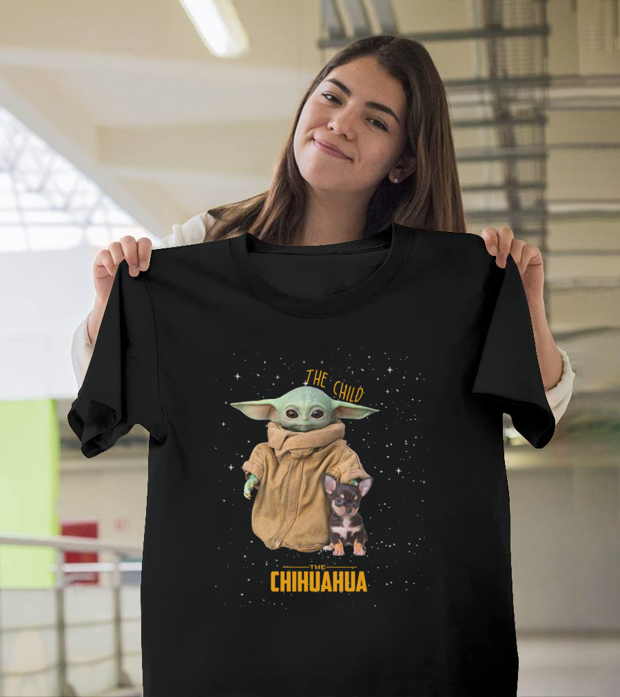 The Child Baby Yoda With Chihuahua Starry Background T-Shirt