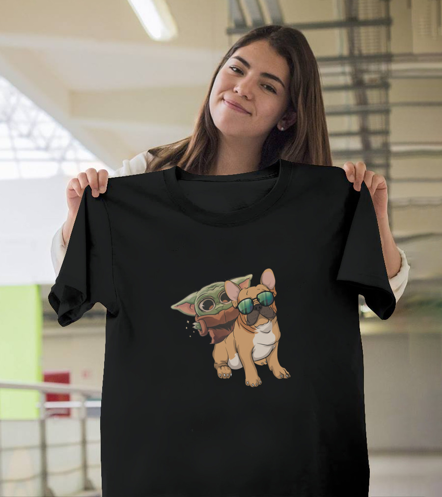 Bulldog Riding With Baby Alien In Sunglasses T-Shirt