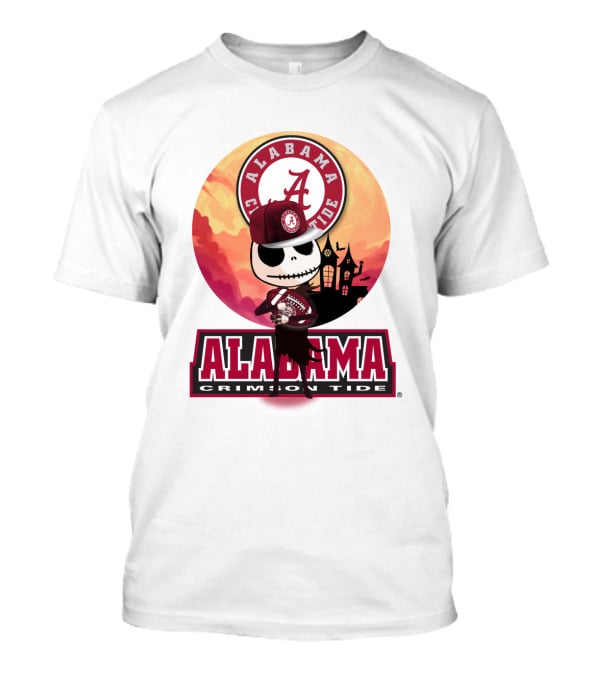 Alabama Crimson Tide Skeleton Character Holding Football In Front Of Haunted House T-Shirt