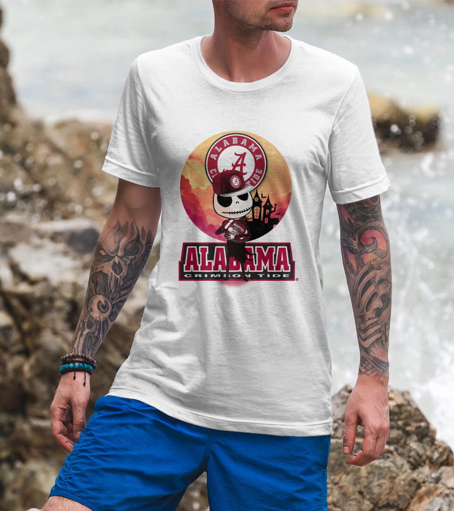 Alabama Crimson Tide Skeleton Character Holding Football In Front Of Haunted House T-Shirt