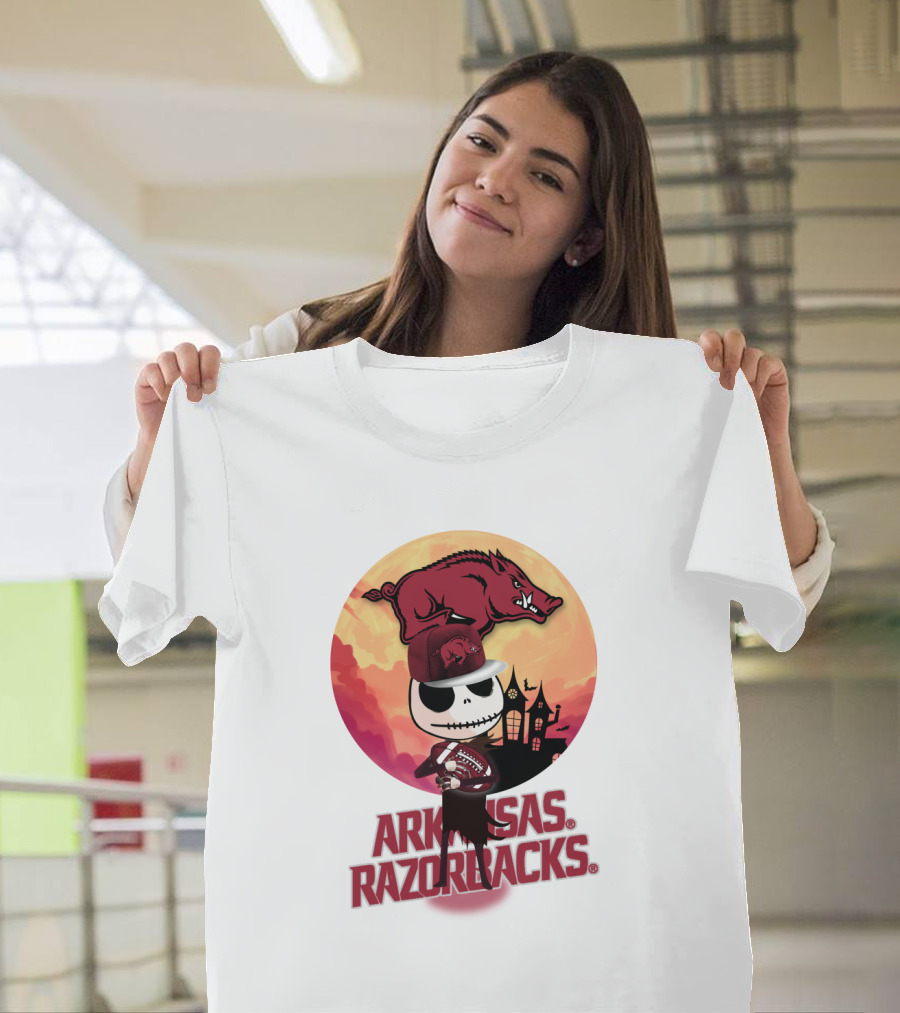 Arkansas Razorbacks Halloween Skull Character With Cap And Football T-Shirt