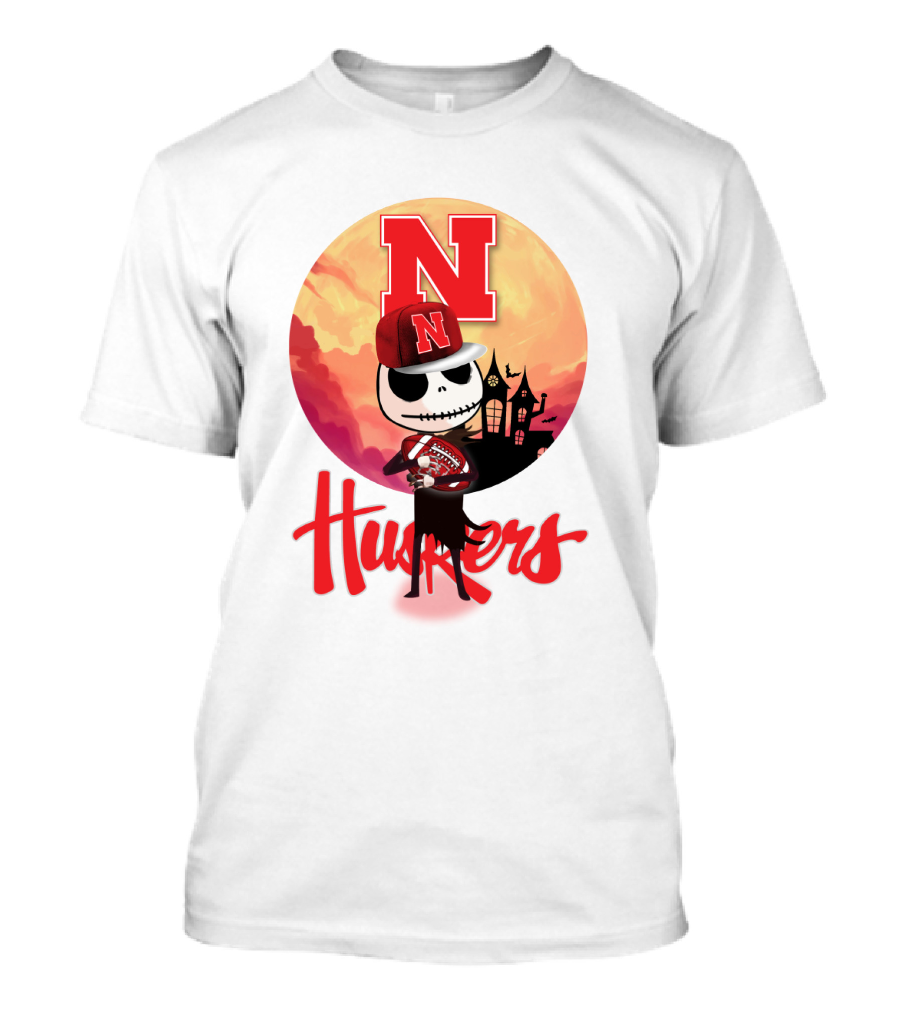 Nebraska Huskers Skeleton Character Halloween Football Scene T-Shirt
