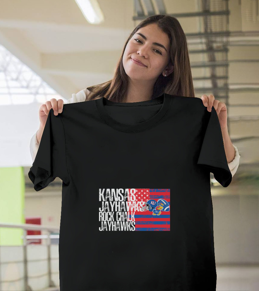 Kansas Jayhawks Rock Chalk Jayhawks Ku Football Helmet Stars And Stripes T-Shirt