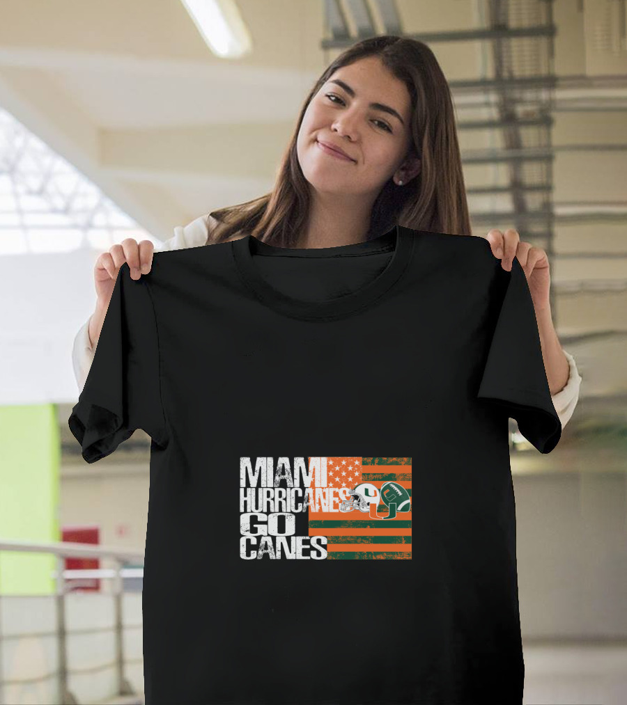 Miami Hurricanes Go Canes American Flag Football Helmets T-Shirt