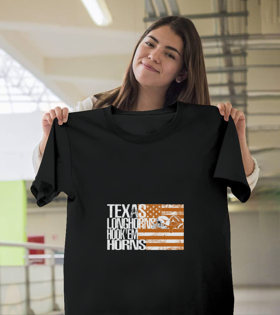 Texas Longhorns Hook 'Em Horns American Flag Football Helmet T-Shirt