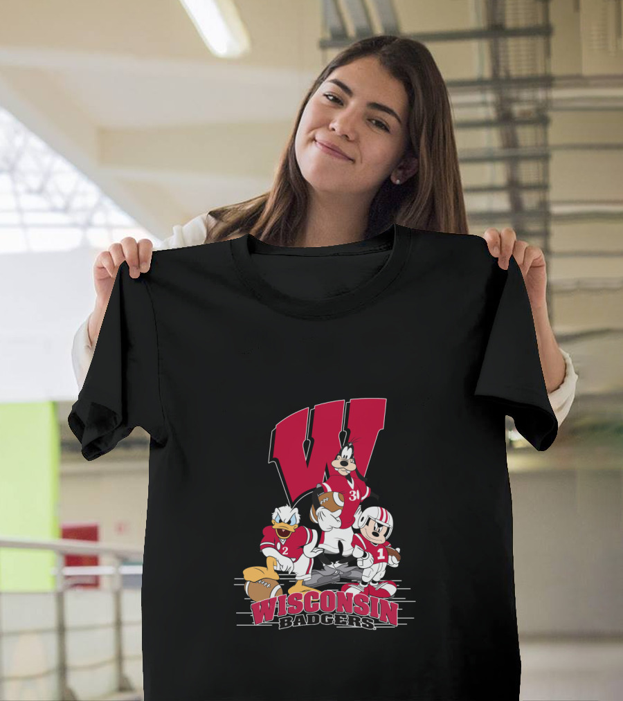 Wisconsin Badgers Donald Duck Goofy Mickey Mouse Football T-Shirt