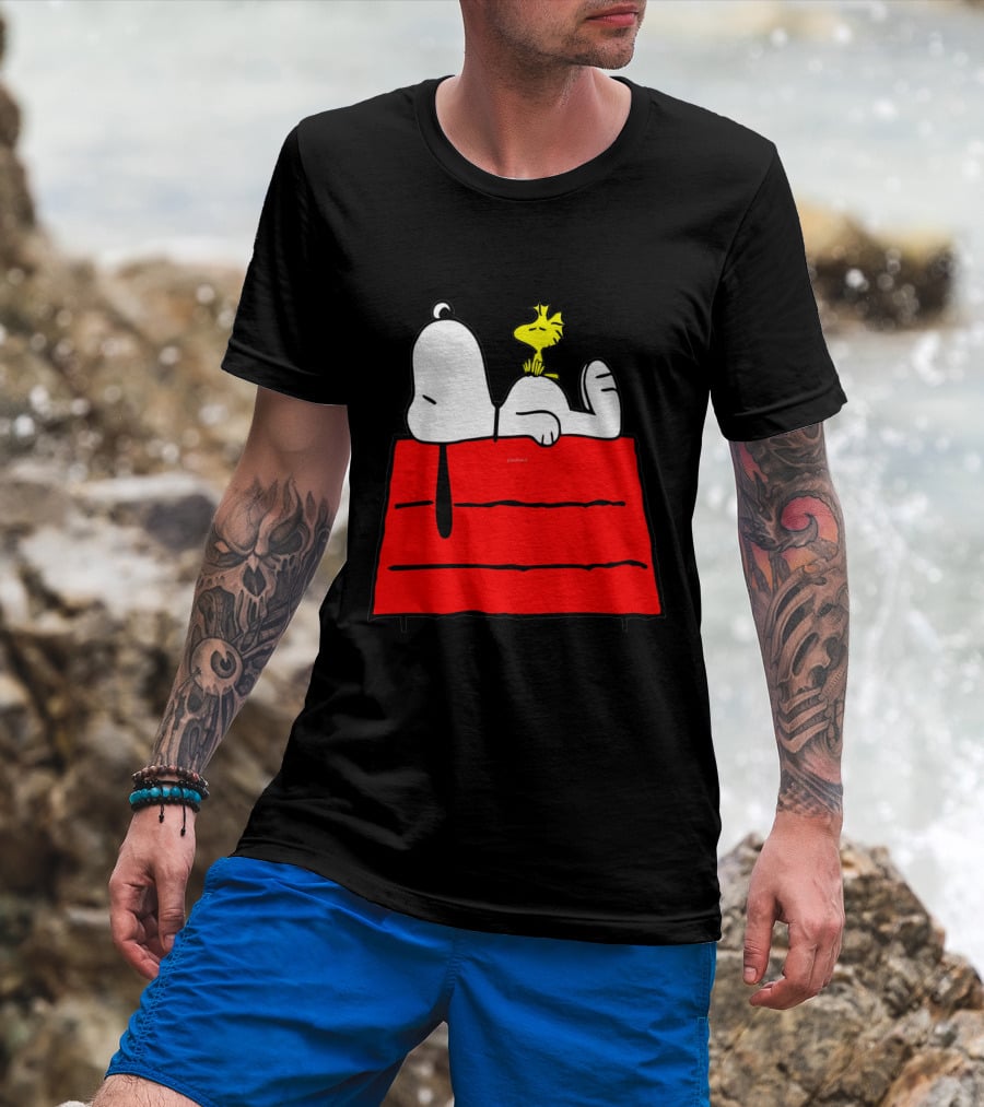 Snoopy Sleeping On Red Doghouse With Woodstock T-Shirt