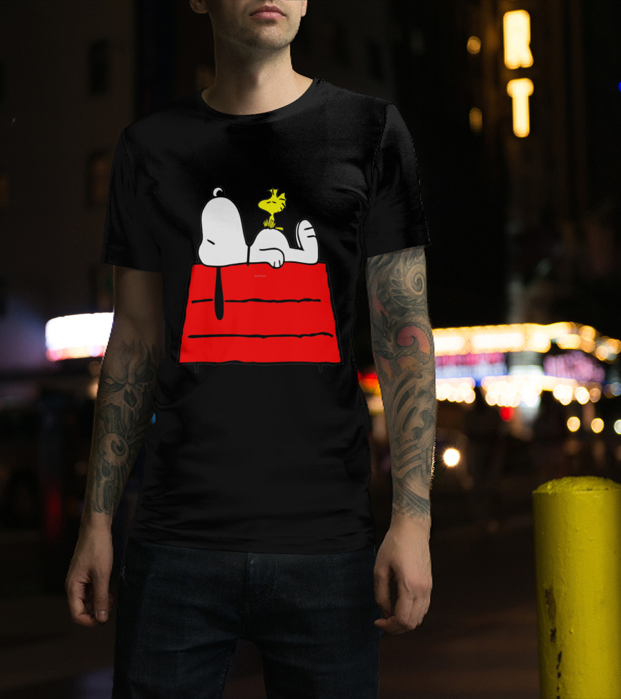 Snoopy Sleeping On Red Doghouse With Woodstock T-Shirt