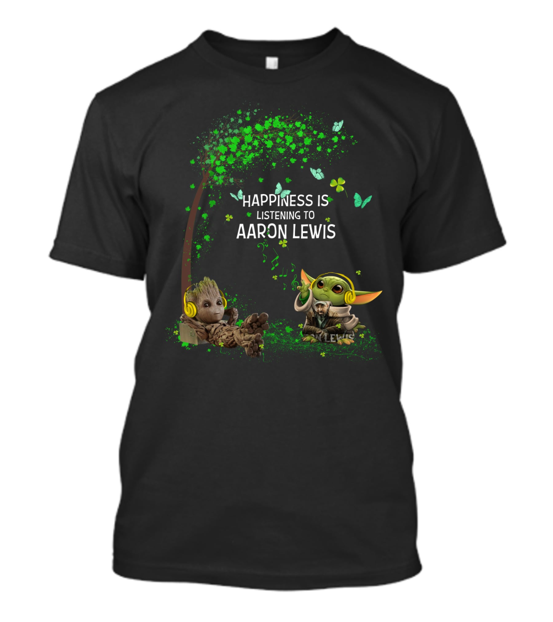 Happiness Is Listening To Aaron Lewis With Groot And Baby Yoda In Headphones T-Shirt