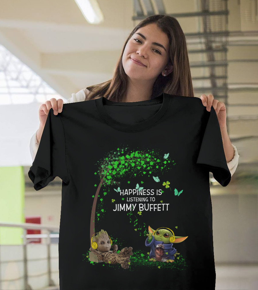 Happiness Is Listening To Jimmy Buffett With Adorable Fantasy Characters And Green Nature Elements T-Shirt