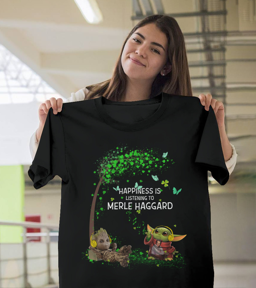 Happiness Is Listening To Merle Haggard With Headphone Characters And Green Leaves T-Shirt