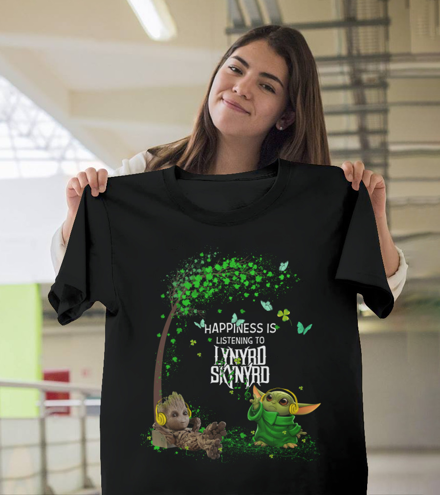 Happiness Is Listening To Lynyrd Skynyrd With Groot And Baby Yoda Under Tree With Butterflies T-Shirt