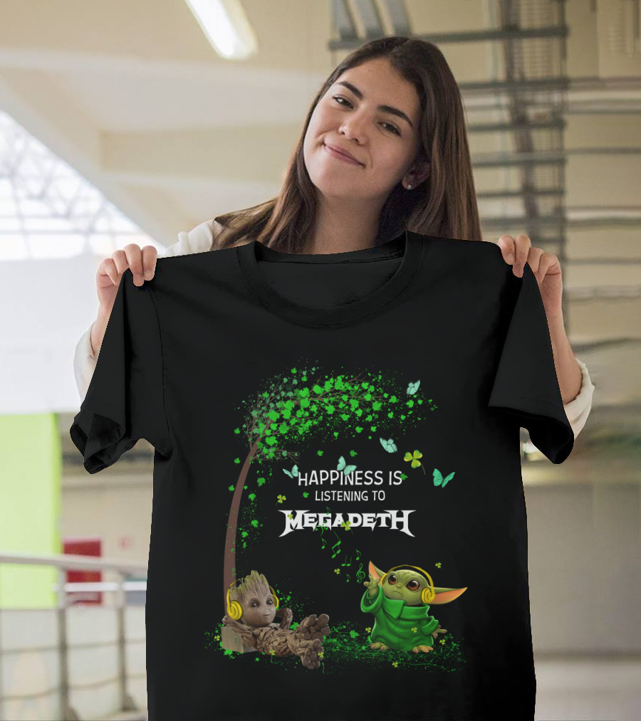 Happiness Is Listening To Megadeth With Characters Under Green Tree With Butterflies And Headphones T-Shirt