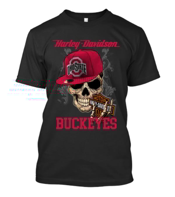 Harley Davidson Skull With Ohio State Buckeyes Cap And Motorcycle Elements T-Shirt