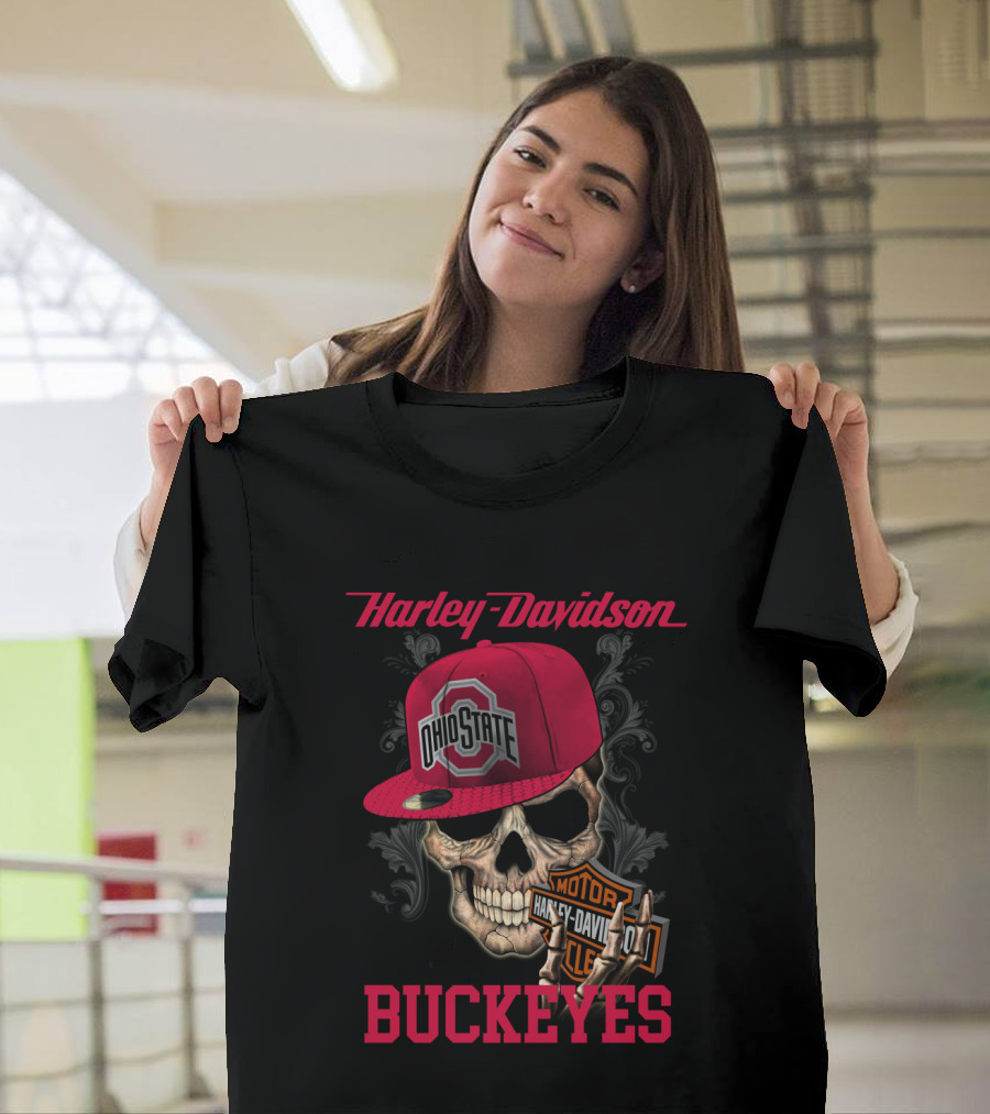 Harley Davidson Skull With Ohio State Buckeyes Cap And Motorcycle Elements T-Shirt