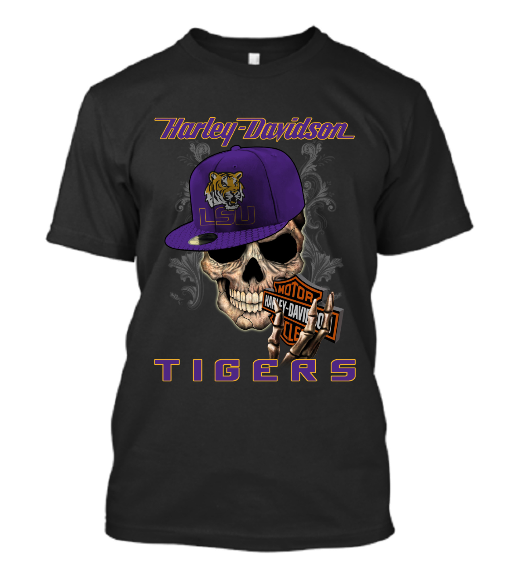 Harley Davidson Lsu Tigers Skull Hat T-Shirt