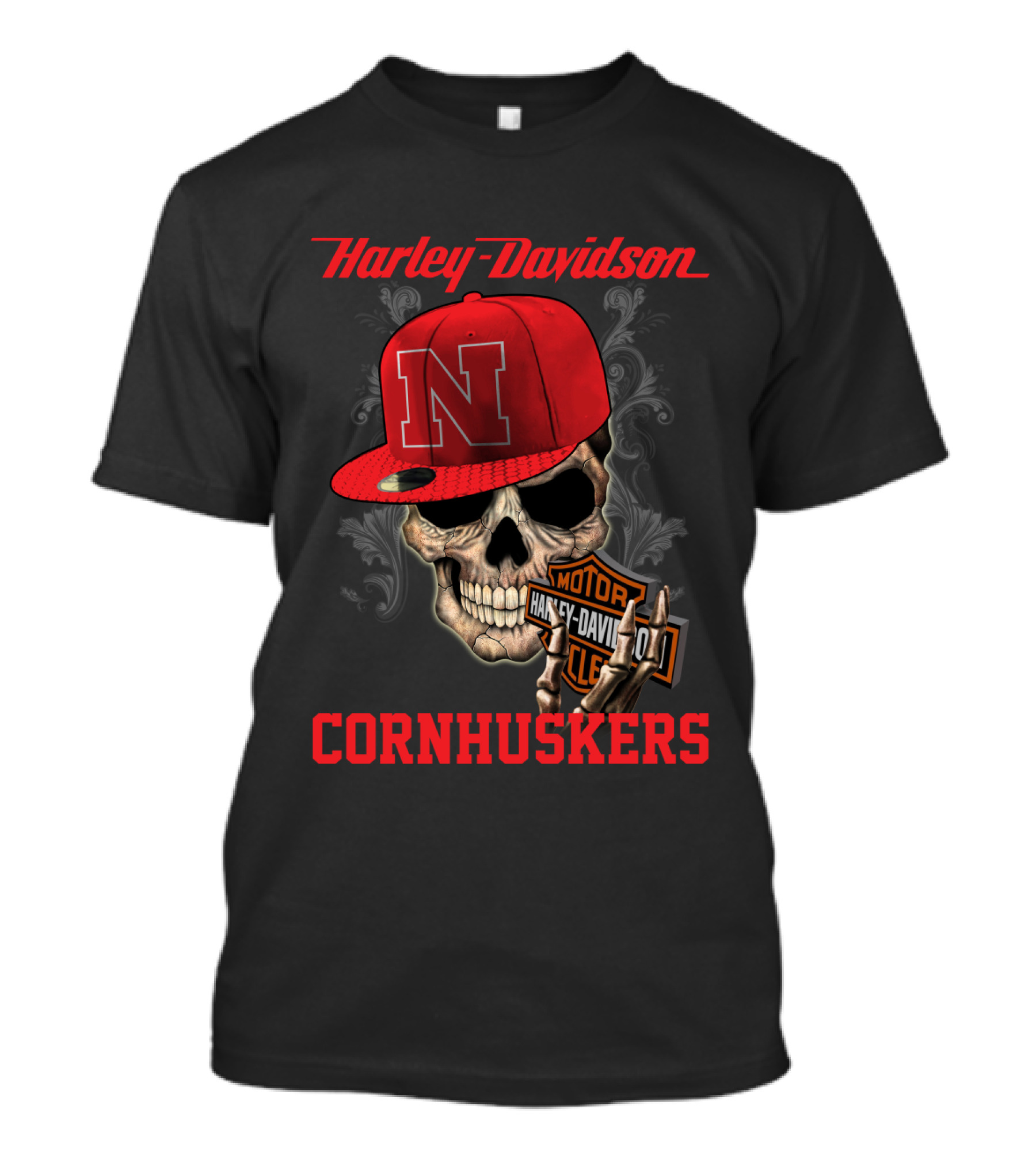 Harley Davidson Nebraska Cornhuskers Skull With Red N Cap T-Shirt