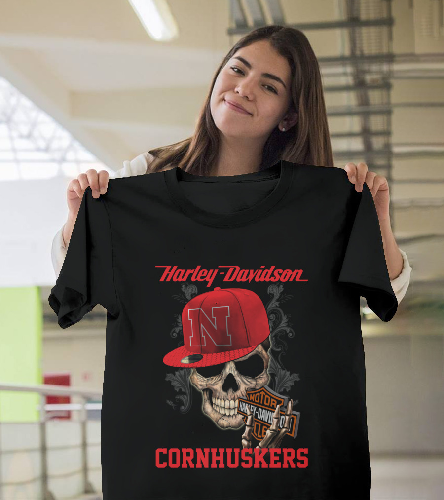Harley Davidson Nebraska Cornhuskers Skull With Red N Cap T-Shirt