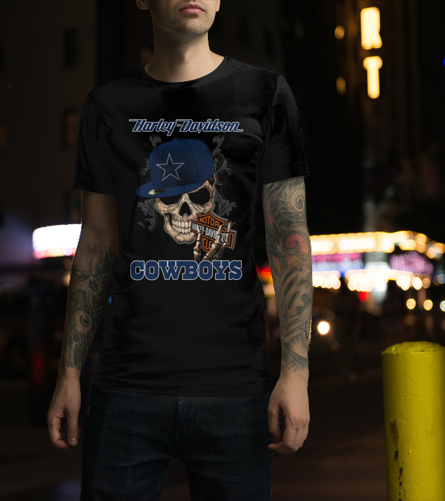 Harley Davidson Skull With Dallas Cowboys Hat And Logo Cowboys T-Shirt