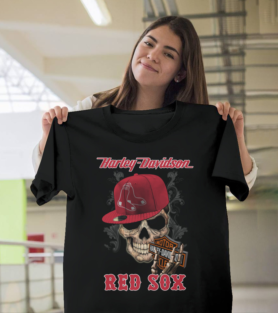Harley Davidson Skull With Boston Red Sox Hat T-Shirt