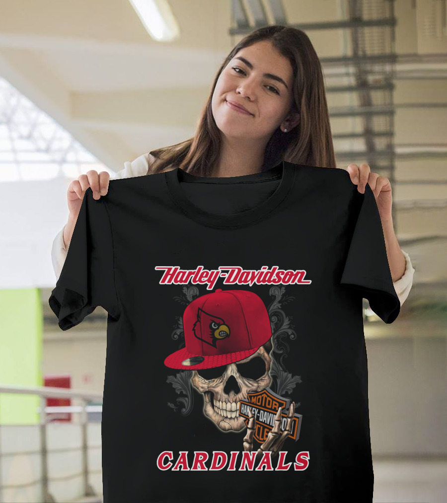 Harley Davidson Skull With Louisville Cardinals Hat T-Shirt