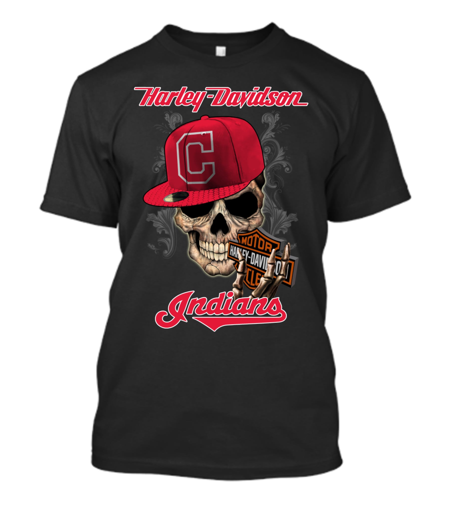 Harley Davidson Skull With Cleveland Indians Cap T-Shirt