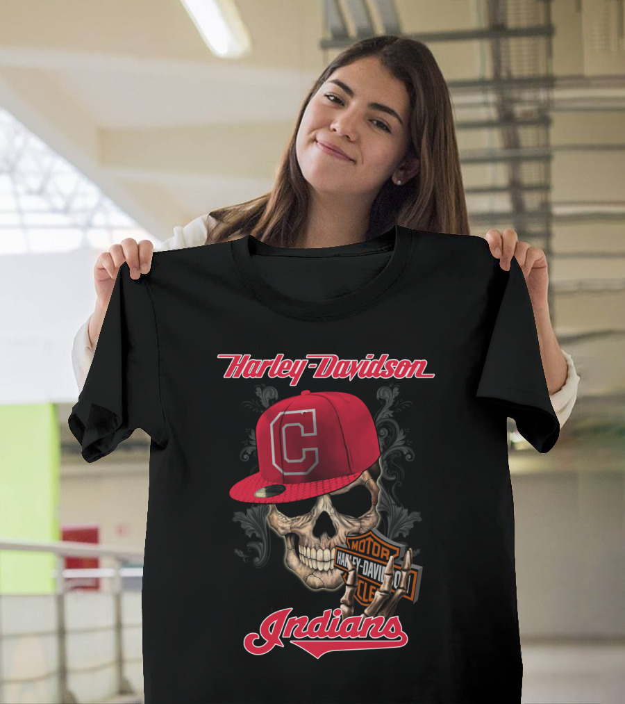 Harley Davidson Skull With Cleveland Indians Cap T-Shirt